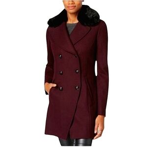 INC International Concepts Peacoat Plum Wool Double Breasted Faux Fur Collar